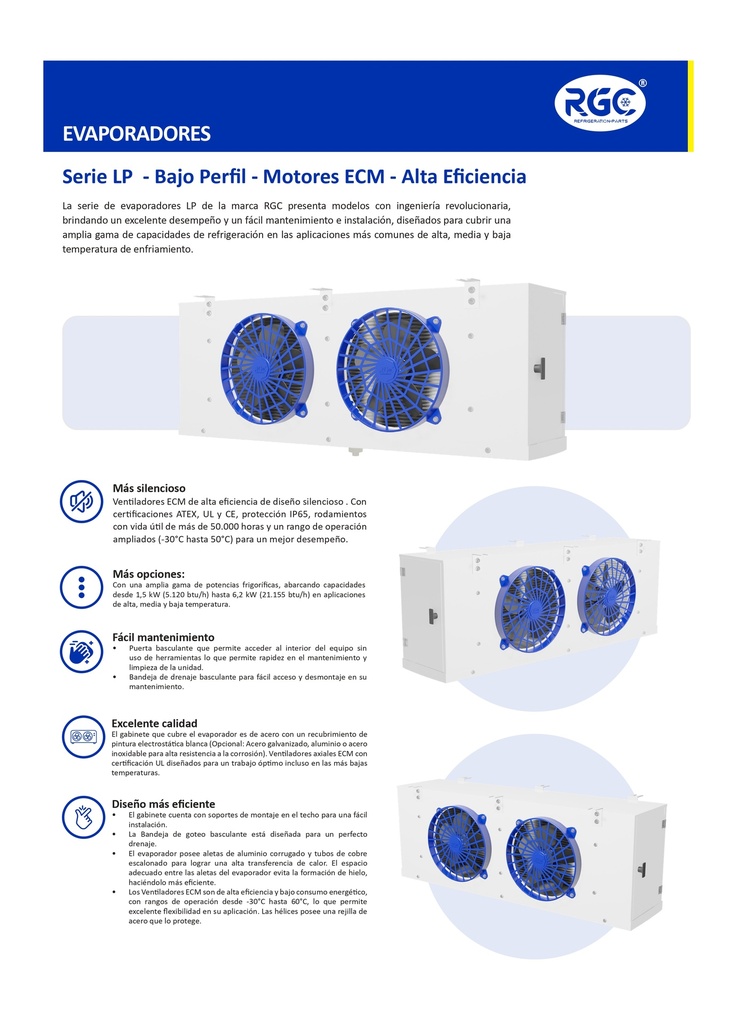 Evaporador bajo perfil 5.4kW 5HP 220V PH1 18.441 BTU MBP 5 fan 12 pulg con resistencia LPM-5.4/27 RGC 