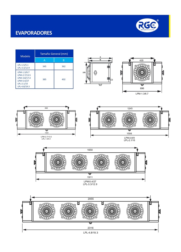 Evaporador bajo perfil 1.4kW 1HP 220V PH1 5.054 BTU MBP 1 fan 12 pulg con resistencia LPL-1.5/5.1 RGC 