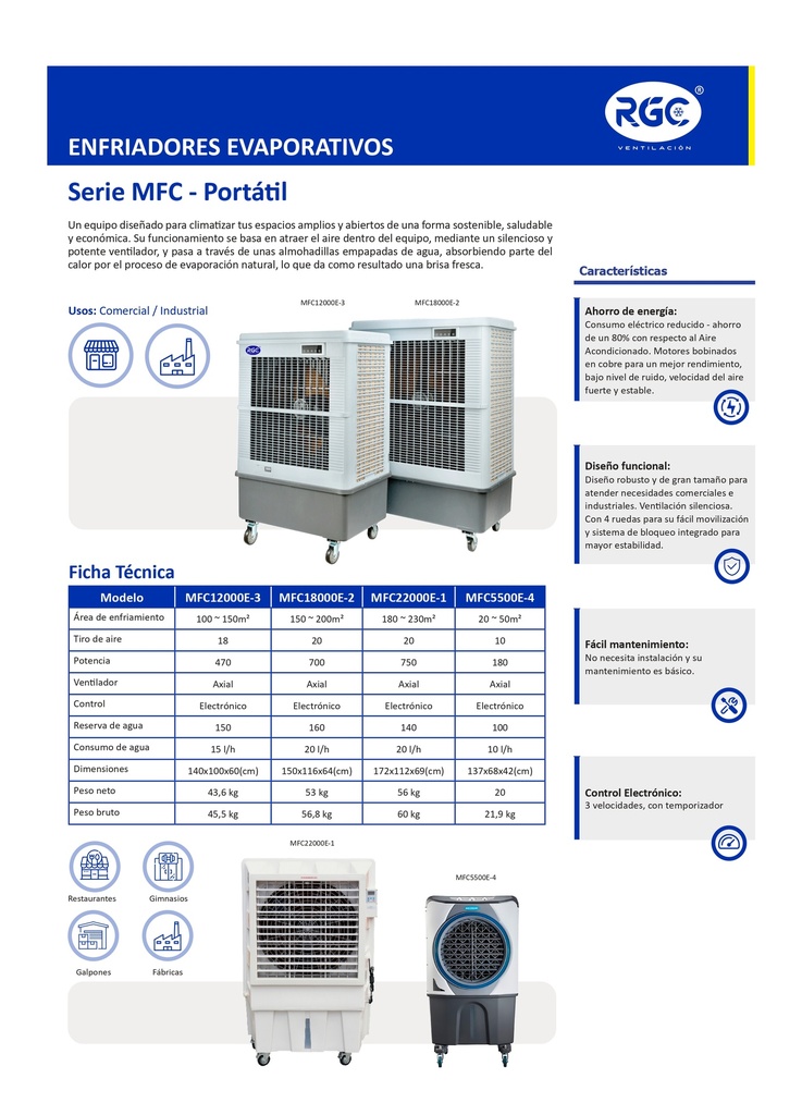 Enfriador evaporativo 15 - 45m² 110V 100 Lts con control MFC5500E-4 RGC